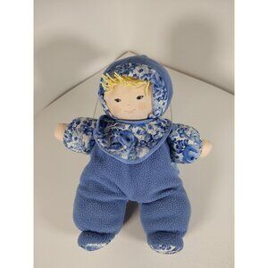Corolle Blue Floral Bib Hat Baby Doll Plush Dress Hat Stuffed Soft 11" Rattle